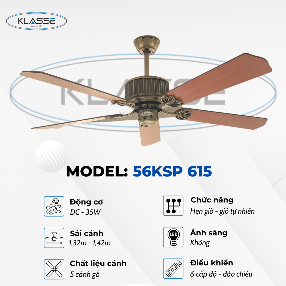Quạt trần không đèn Klasse 56KSP 615 hàng chính hãng