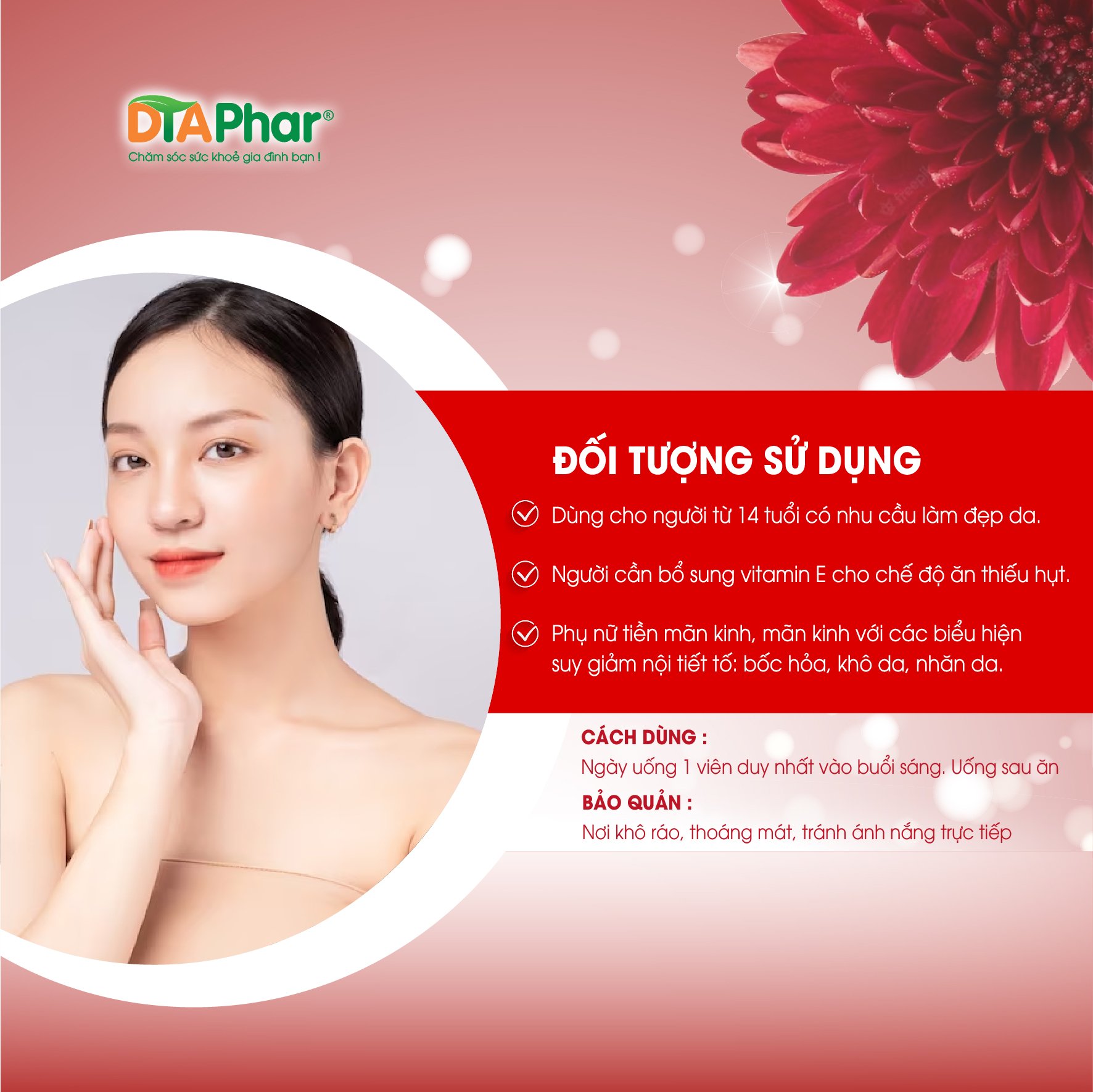 Viên uống Beauty Skin Vita Red Bổ sung vitamin E chống lão hoá da cho phụ nữ Họp 30 viên Tâm An Pharma