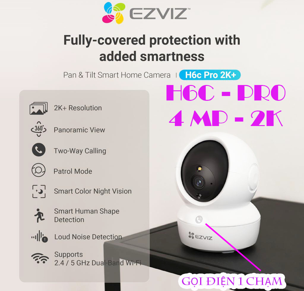 Camera Ezviz H6C Pro 2K 4mp, Nút Call Gọi Điện-hàng chính hãng