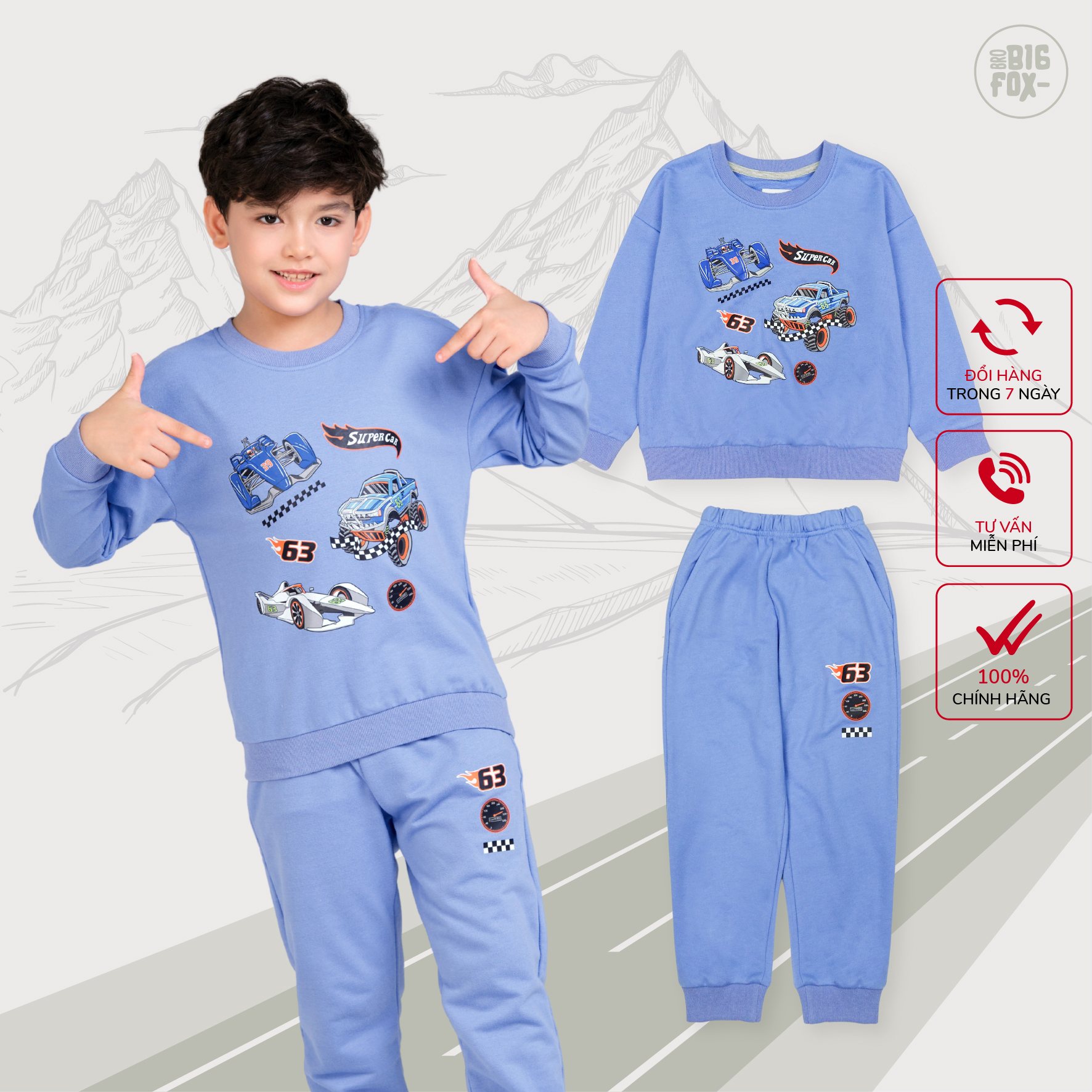 Bộ nỉ bé trai Bigfox Miss Meow size đại áo dài tay quần jogger bo gấu mặc nhà mùa thu đông 3-11 tuổi
