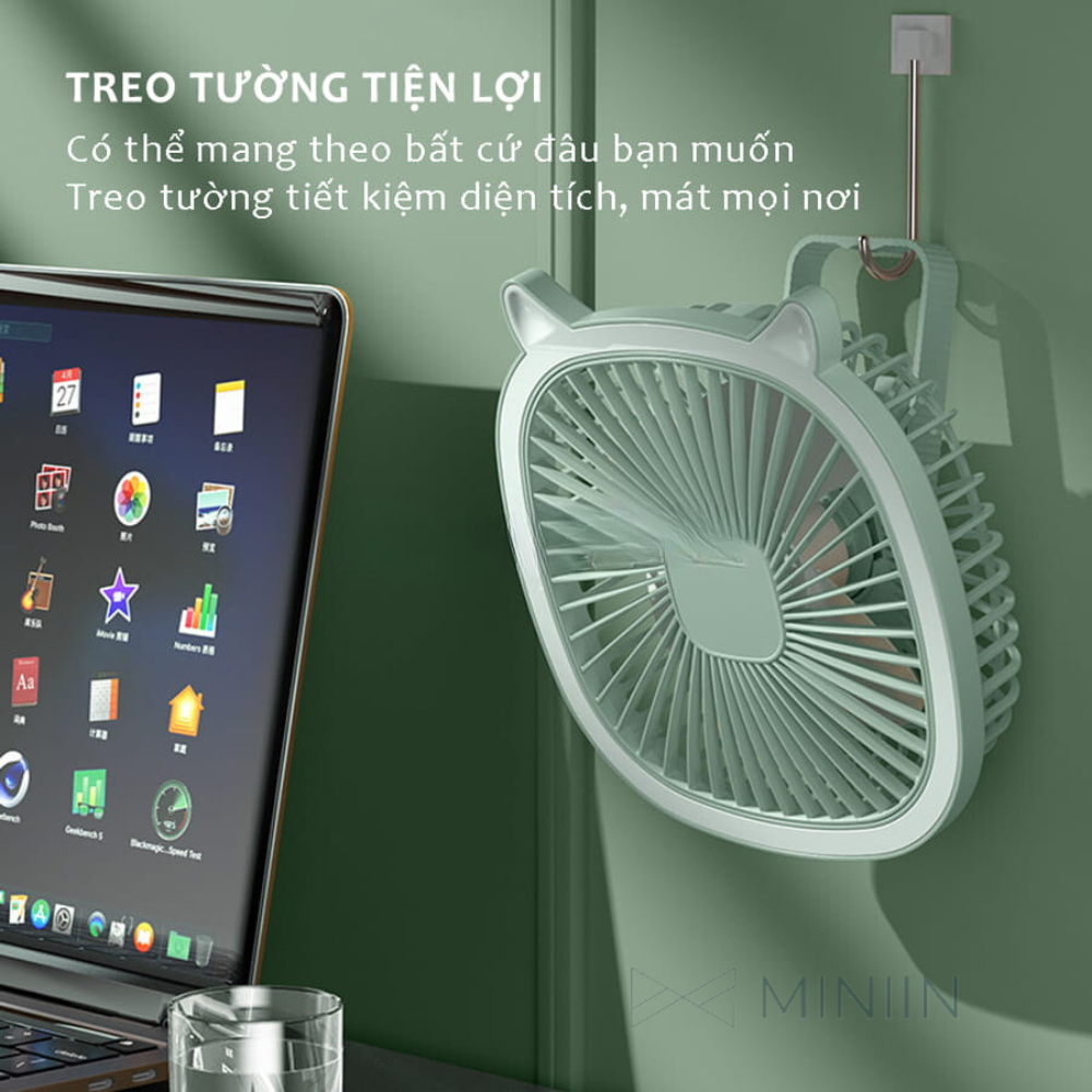 Quạt Tích Điện Đa Năng Có Đèn, Quạt Treo Tường, Để Bàn Kiêm Đèn Ngủ 3 In 1, Quạt Cầm Tay Tích Hợp Đèn Led Pin 1300mAh - HÀNG CHÍNH HÃNG MINIIN