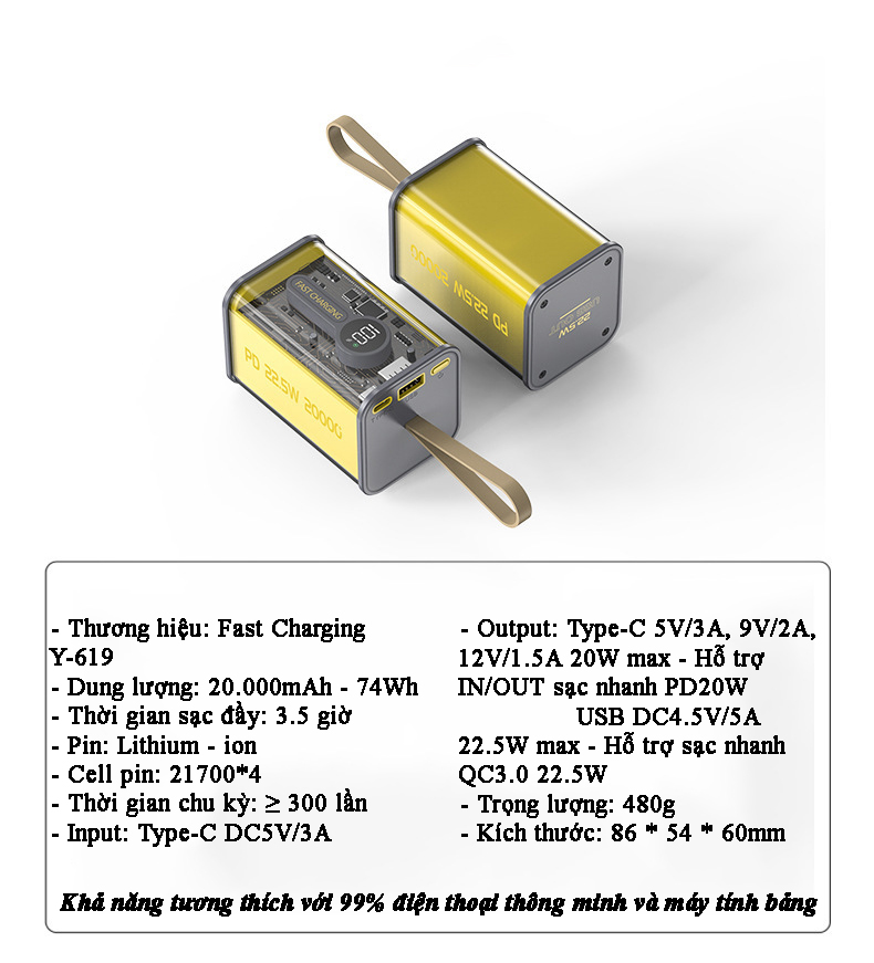 Pin sạc dự phòng 20000mA trong suốt chuẩn PD22.5W sạc siêu nhanh QC3.0 theo 2 cổng, trang bị màn hình hiển thị dung lượng