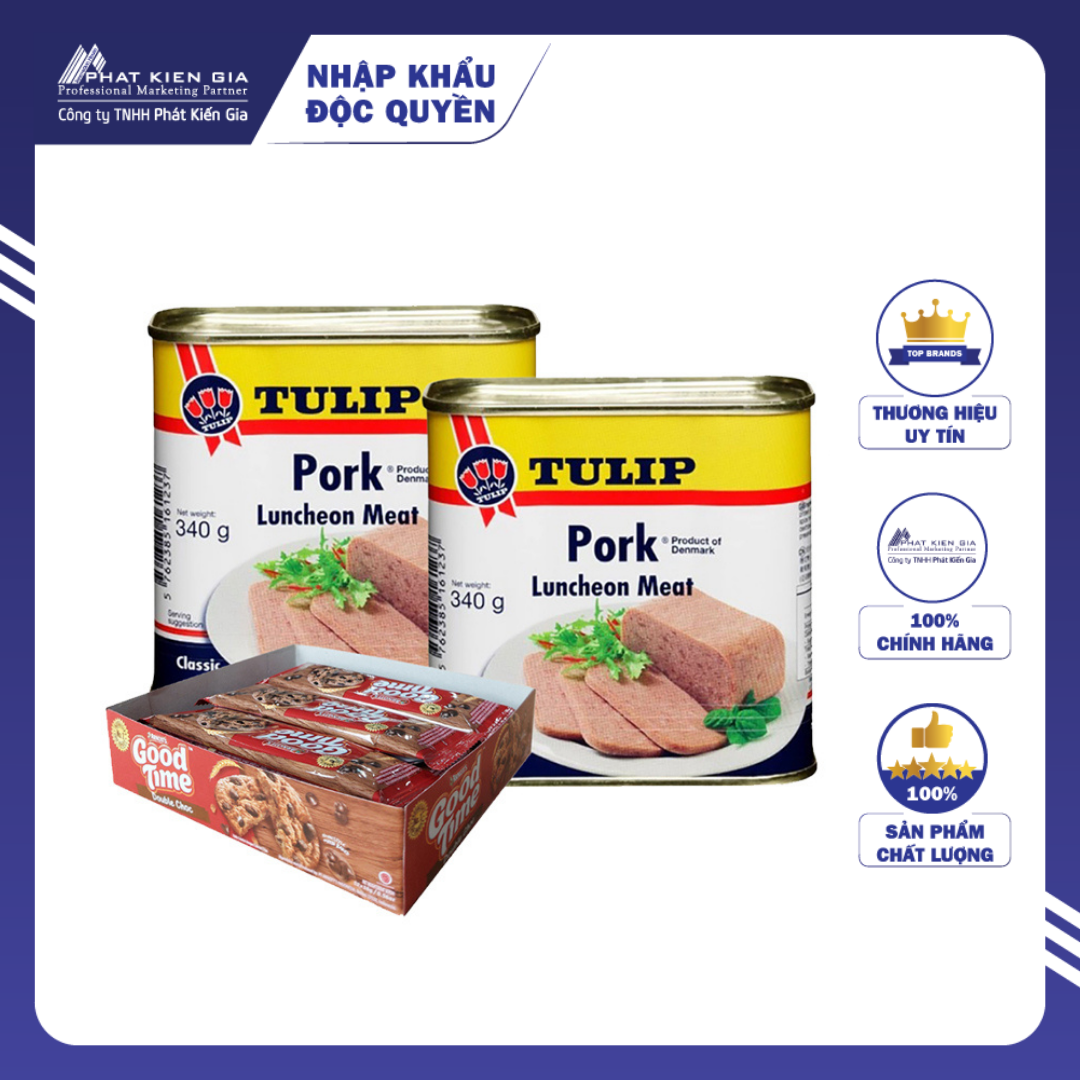 COMBO 2 Hộp Thịt Heo Hộp Tulip 340g + 1 Hộp Bánh Quy Socola Arnott's GoodTime 16g x 12 thanh