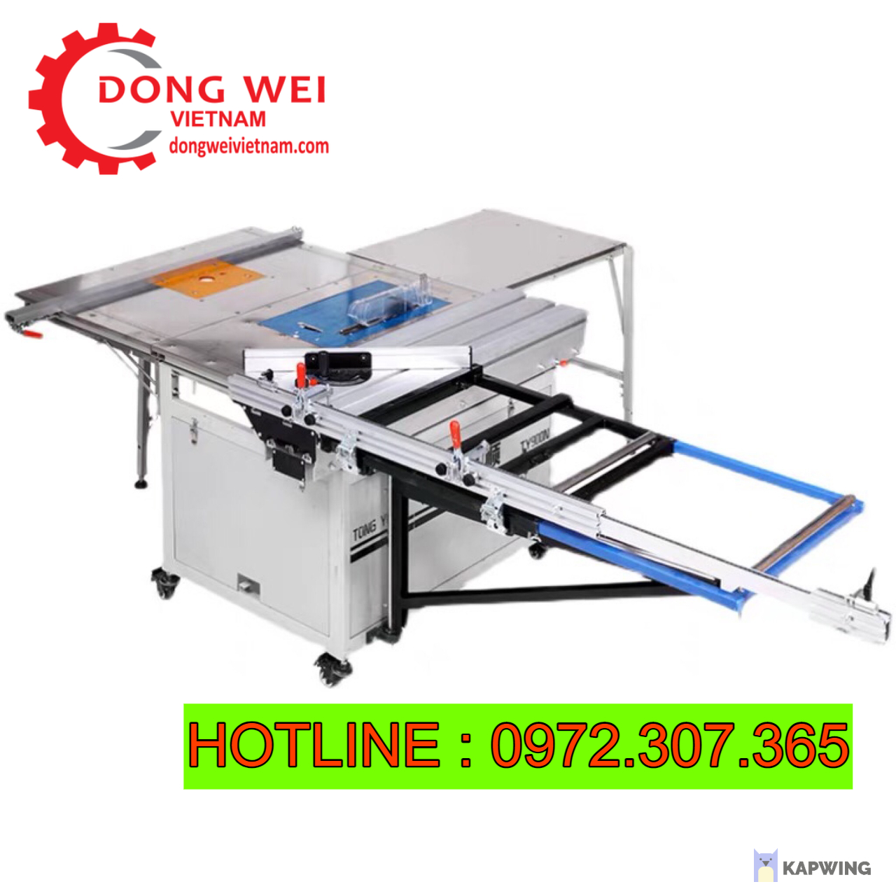 Máy cưa bàn trượt DWJ220, bàn trượt mở rộng chắc chắn với thanh trượt kép, hệ ty tròn vững chắc khi làm việc tải trọng lớn