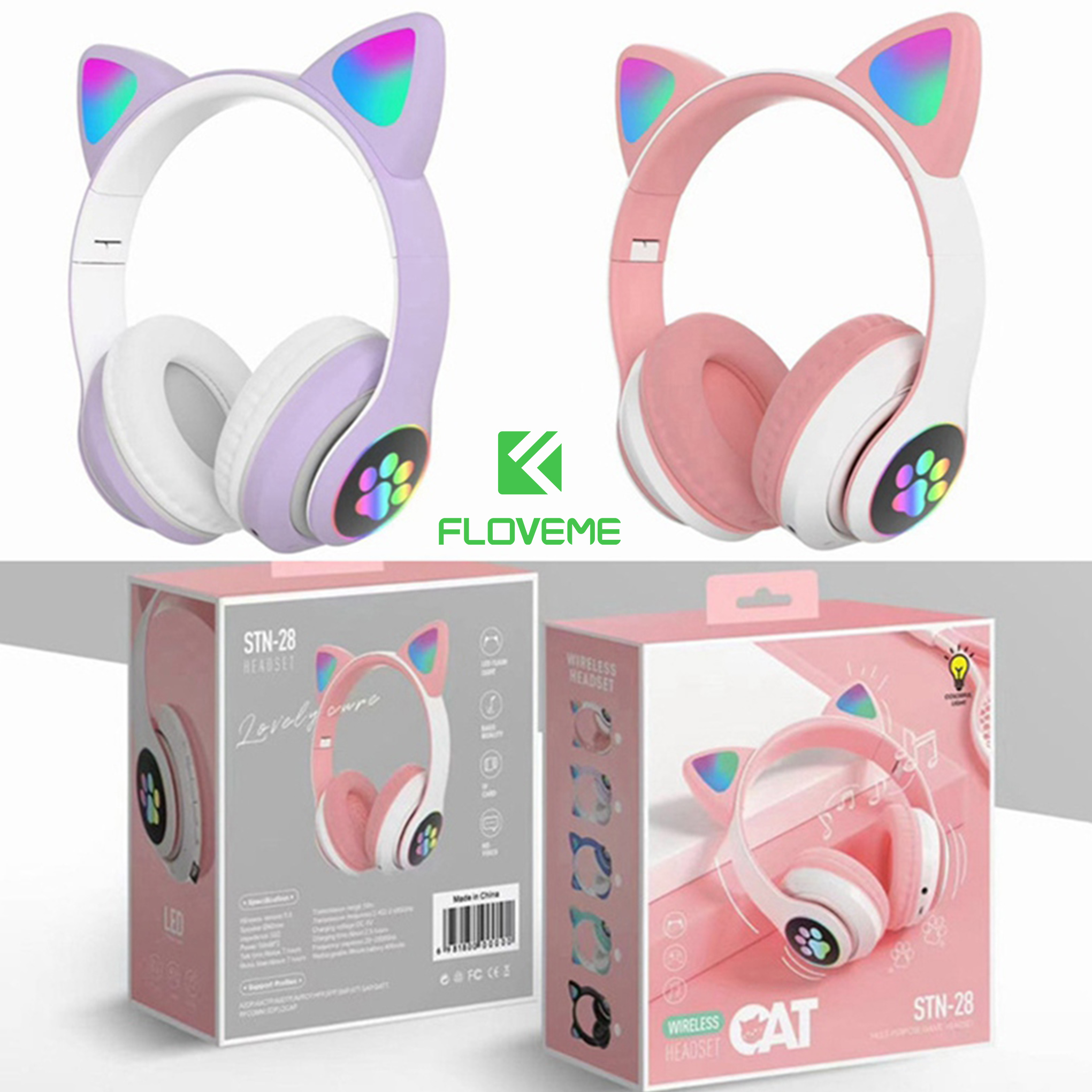 Tai nghe mèo FLOVEME VZV 23M – Có đèn led – Kết nối bluetooth 5.0 - headphone có micro – hỗ trợ điều chỉnh âm lượng – Có cổng AUX - Hàng chính hãng