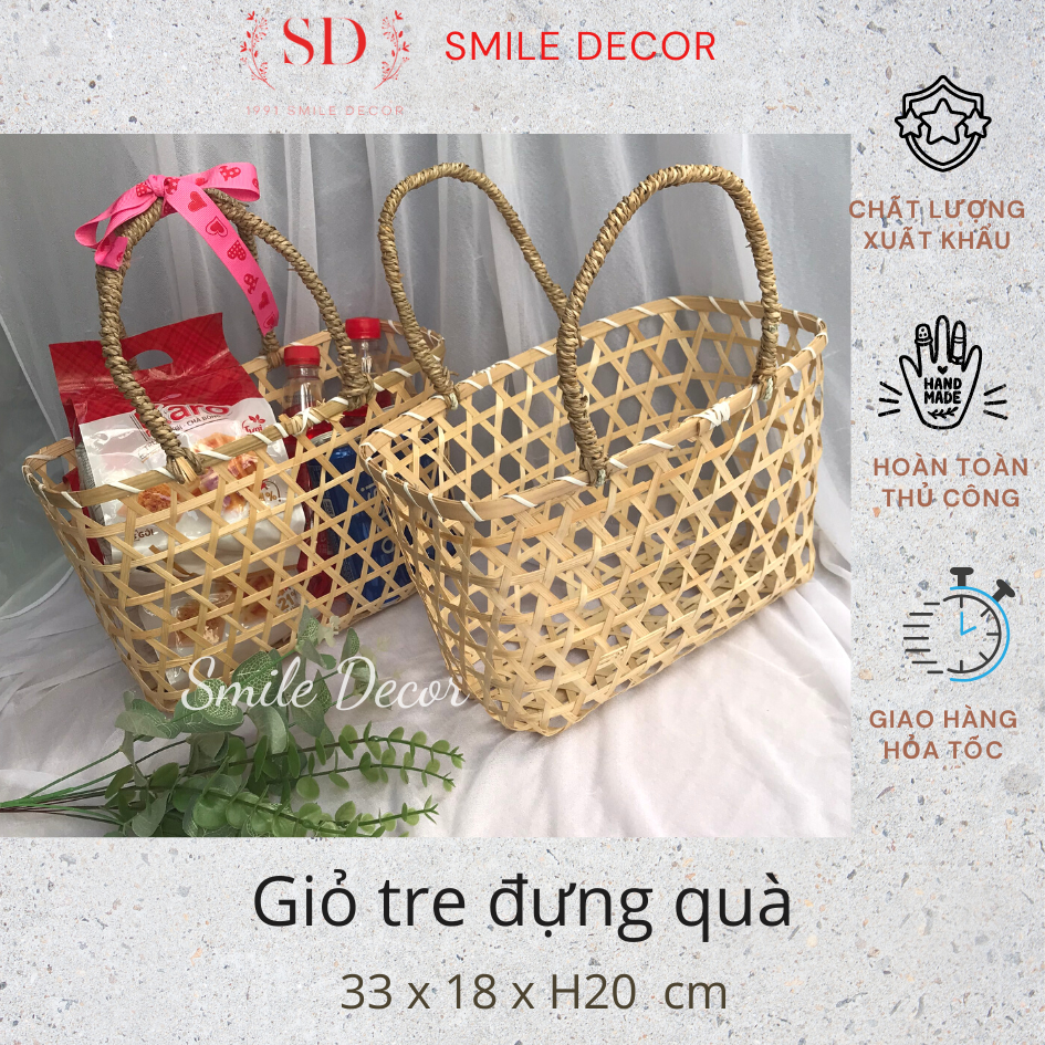 Giỏ tre Smile Decor đựng quà biếu tặng lễ tết , đựng trái cây , có quai cói chắc chắn (Tặng kèm ruy băng)