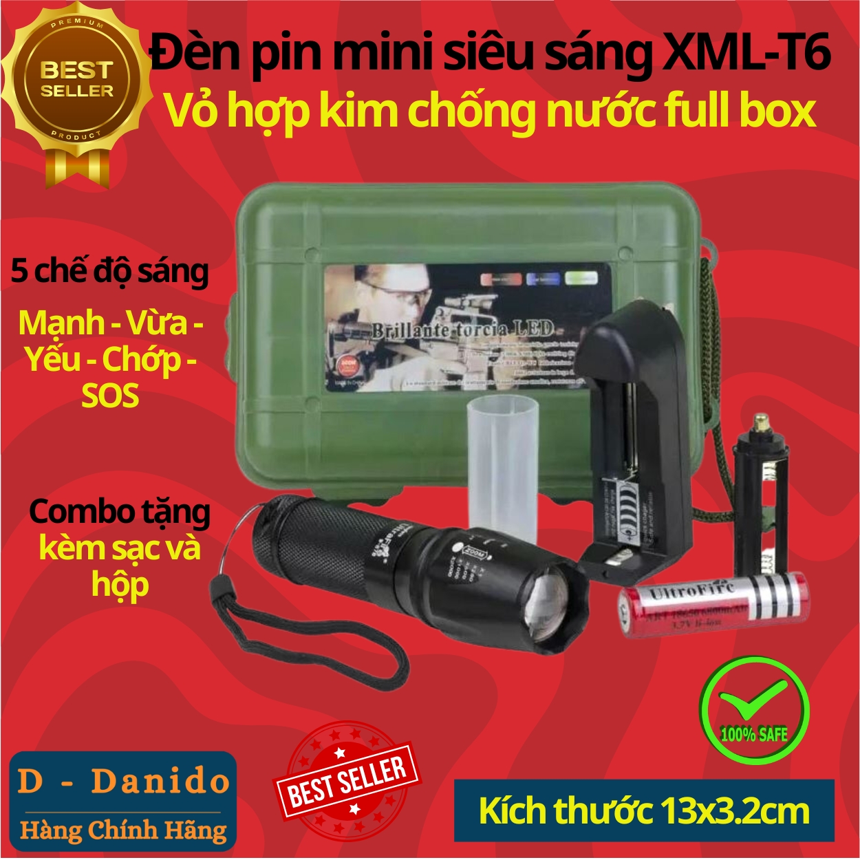 Đèn Pin Mini Siêu Sáng XML-T6 Vỏ Hợp Kim Nhôm Cao Cấp - Chính Hãng D Danido