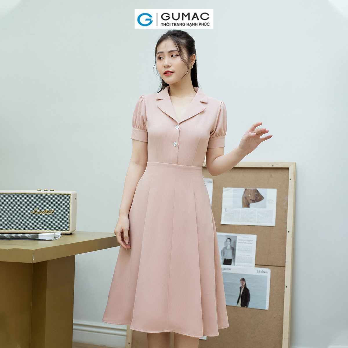 Đầm A xòe tay phồng GUMAC DD08048