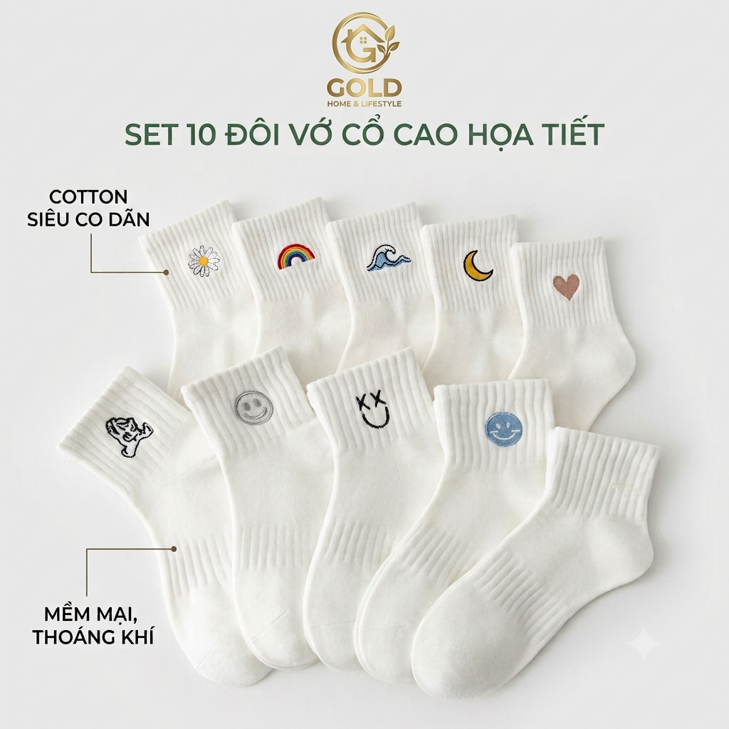 Set 10 Đôi Tất Trắng Họa Tiết Cổ Cao Phong Cách Hàn Quốc