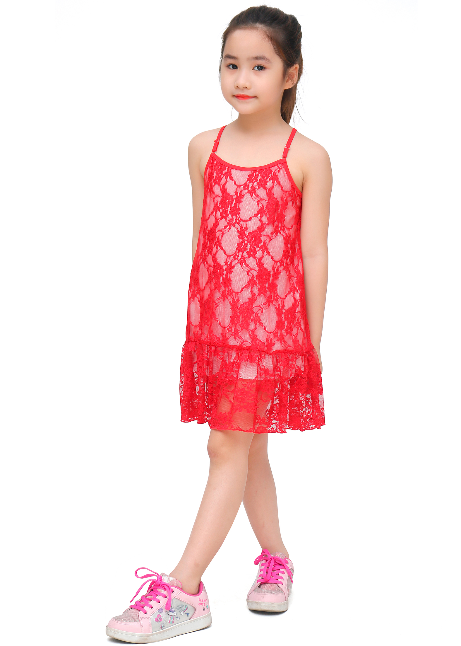 Váy hai dây bé gái Narsis KB0012 màu đỏ phối ren