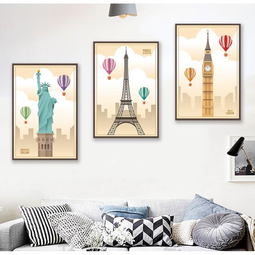 TRANH BỘ 3 BỨC TREO TƯỜNG CHẤT LIỆU CANVAS- THÀNH PHỐ PARI Tháp Eiffel- MELYHOME-TT3