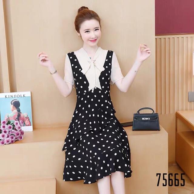 Đầm xoè lụa bi phối áo nơ siêu xinh ( Có size M/L/XL/2XL đến 70kg ) MMR