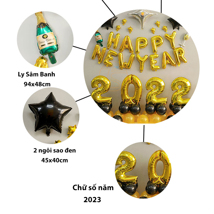 Set bong bóng Happy New Year trang trí chúc mừng năm mới cho lễ tết 2023 cho tiệc tùng đêm giao thừa đón xuân sang