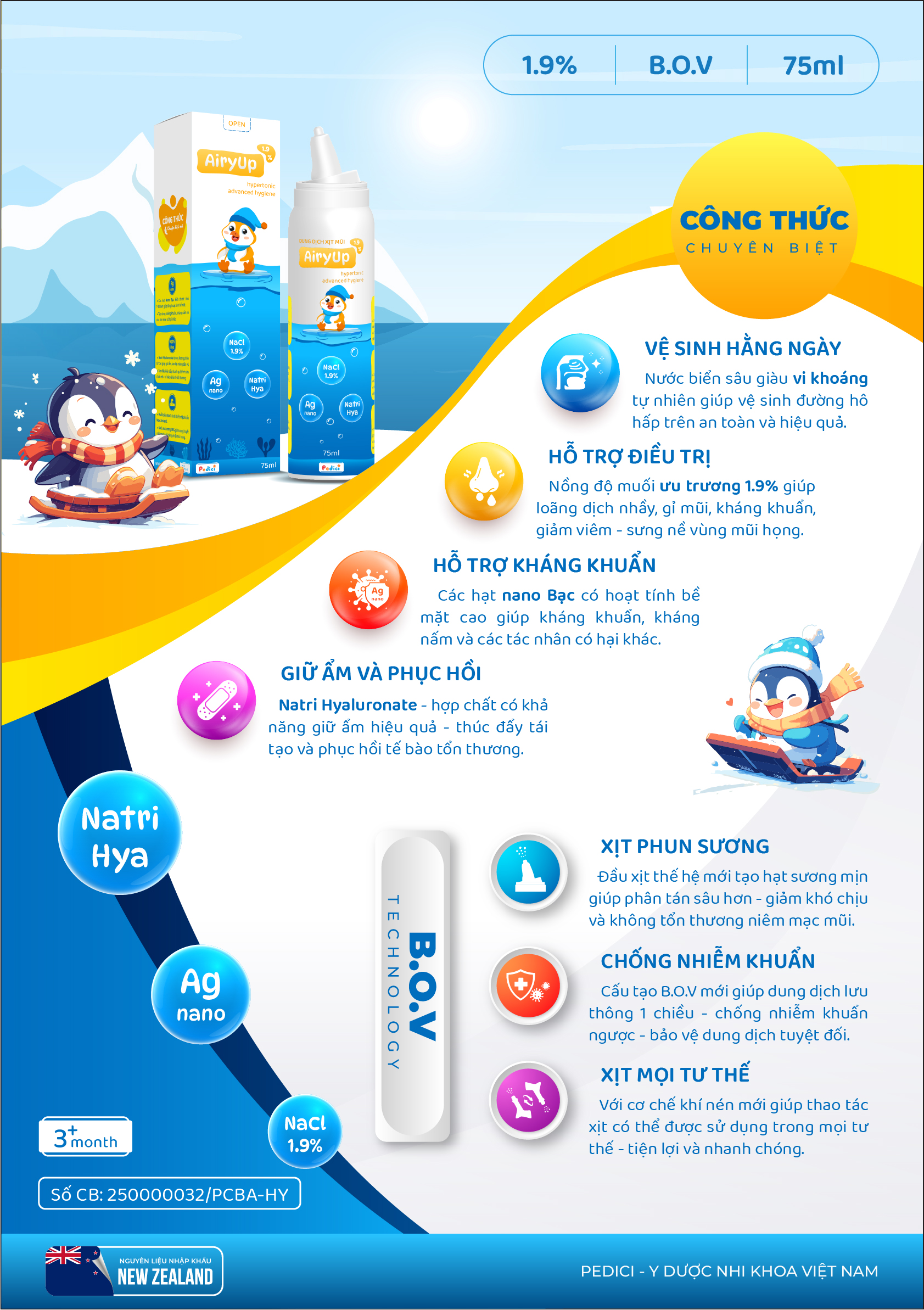 Xịt mũi Ưu trương AiryUp 1.9% - Dưỡng ẩm và Kháng khuẩn Nano Bạc - Công nghệ B.O.V (75ml)