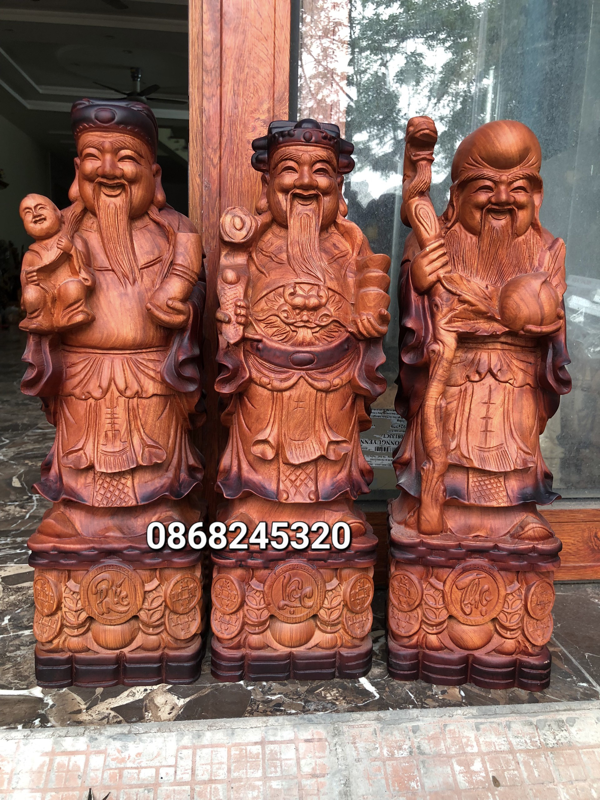 Bộ tượng phật tam đa phúc lộc thọ gỗ hương đá pu giả cổ kt cao 50×16×14cm