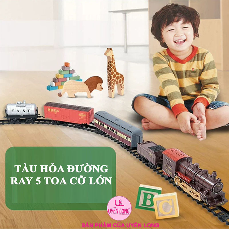 Bộ Tàu Hỏa CLASSIC TRAIN 5 Toa Cỡ Lớn PYM9, Chạy PIN, Mô Phỏng Khói Đèn, Đường Ray 126x84cm