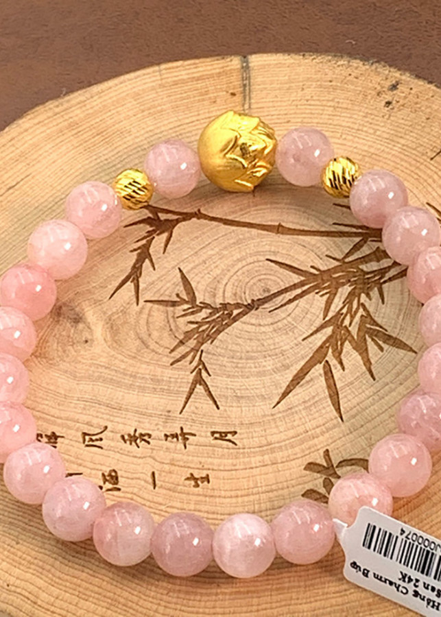 Vòng Đá Thạch Anh Hồng Charm Búp Sen Vàng 24K