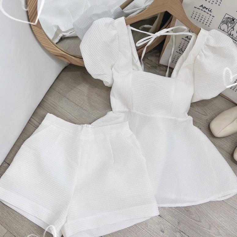 Set áo babydoll xốp cột nơ lưng cổ U tay phồng , quần short