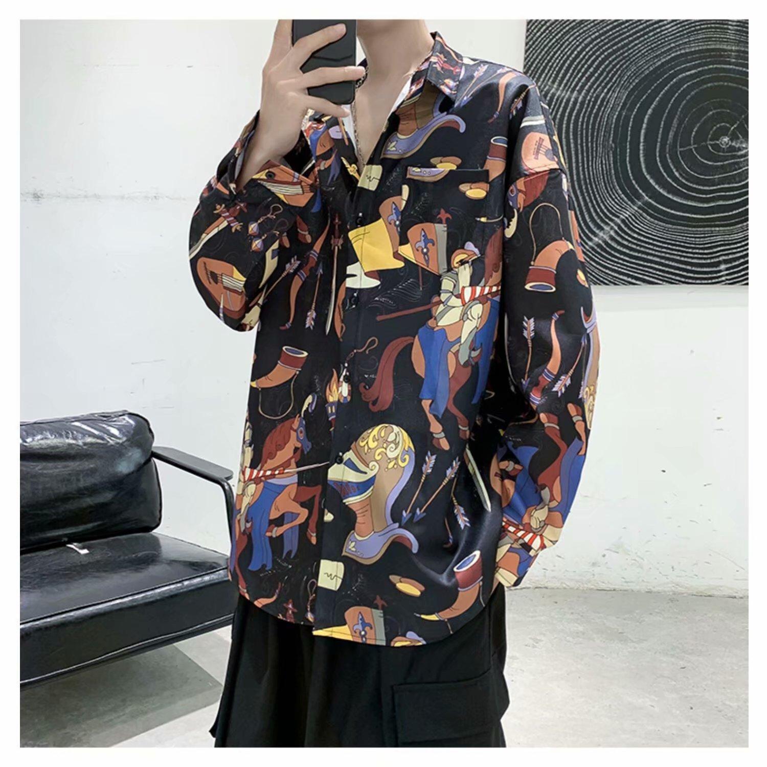 Áo Sơ Mi Nam Tay Dài Form Rộng In Họa Tiết Thời Trang 2 Màu