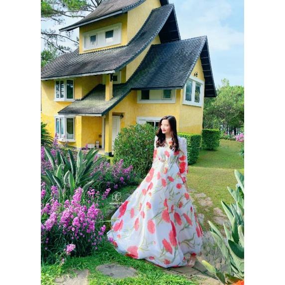 Đầm trắng hoa đỏ tay dài siêu xinh siêu phồng xoè