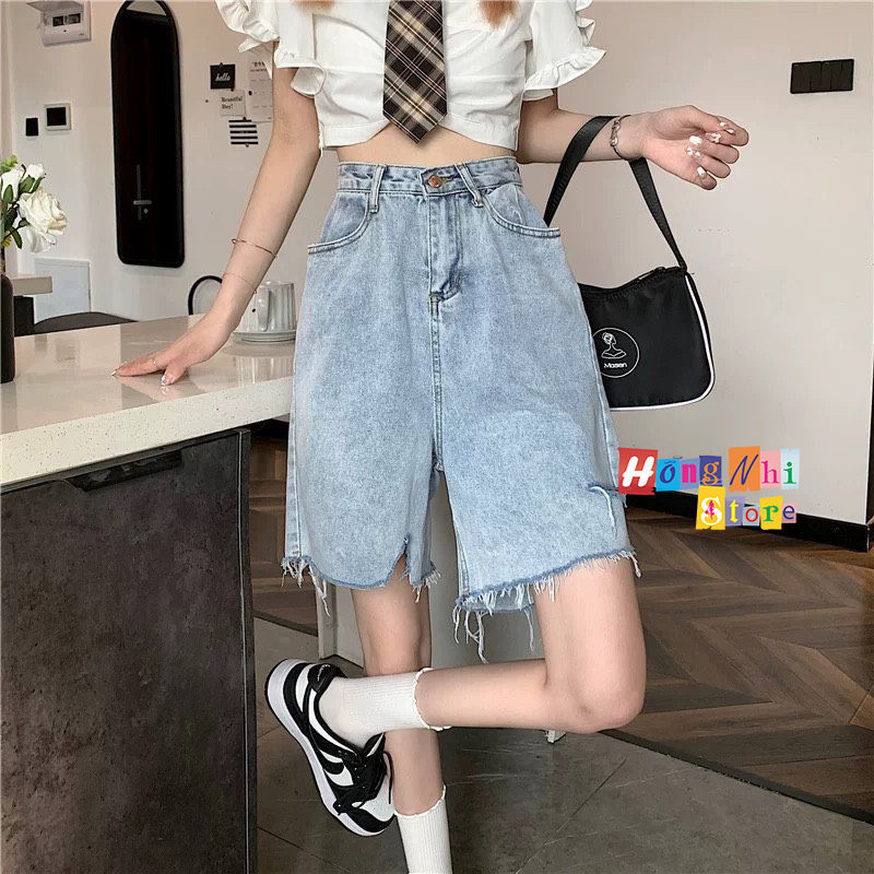 Quần Short Jean Ngố Đùi Rách Gối Tưa Lai Cạp Cao Ống Rộng Ulzzang - MM