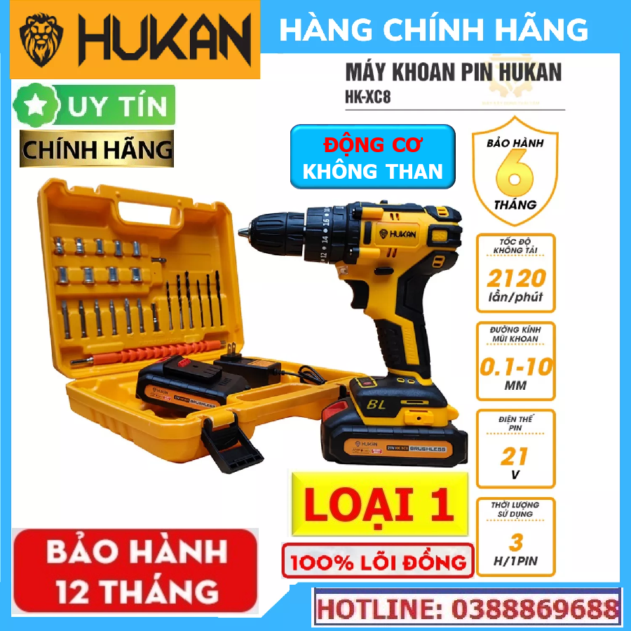 Máy Khoan Pin Hukan 21V KHÔNG CHỔI THAN Tặng Kèm 23 Chi Tiết