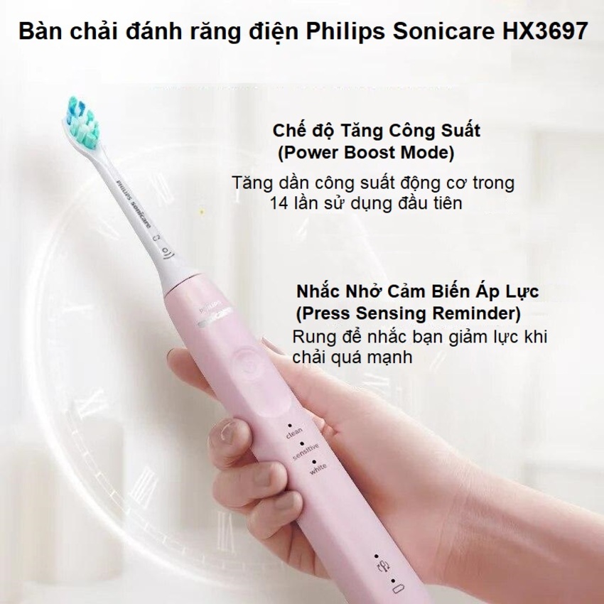Bàn chải đánh răng điện rhương hiệu Hà Lan cao cấp Philips Sonicare Series 5200 HX3697 - 3 chế độ làm sạch - Hàng chính hãng