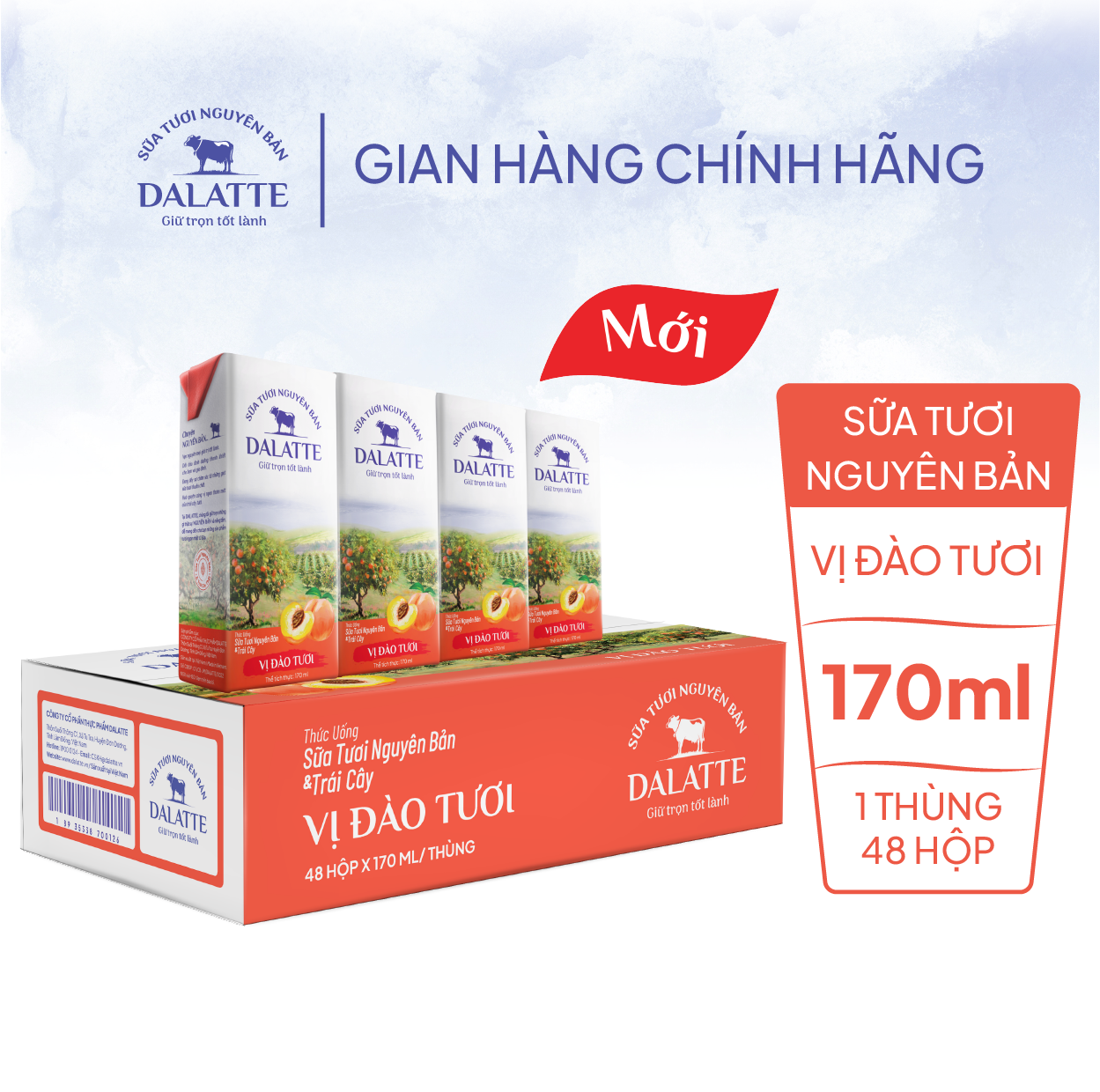 Thùng 48 hộp DALATTE 170ml SỮA TƯƠI NGUYÊN BẢN tiệt trùng - Vị đào tươi - 48 hộp Giữ trọn nguyên bản, trao trọn tốt lành