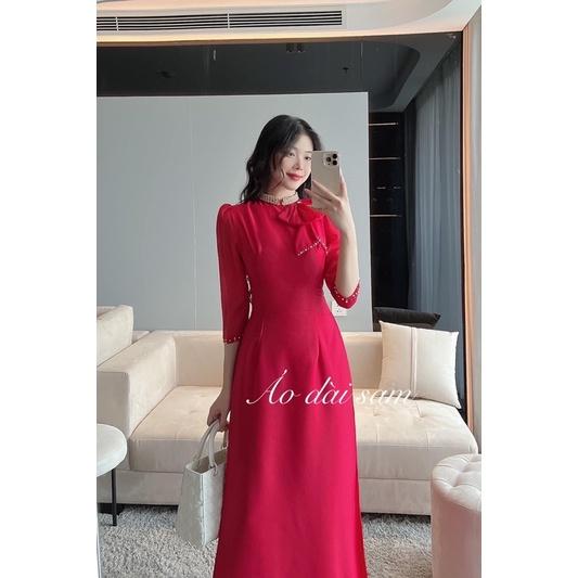 Áo dài 4 tà tơ óng nơ cổ