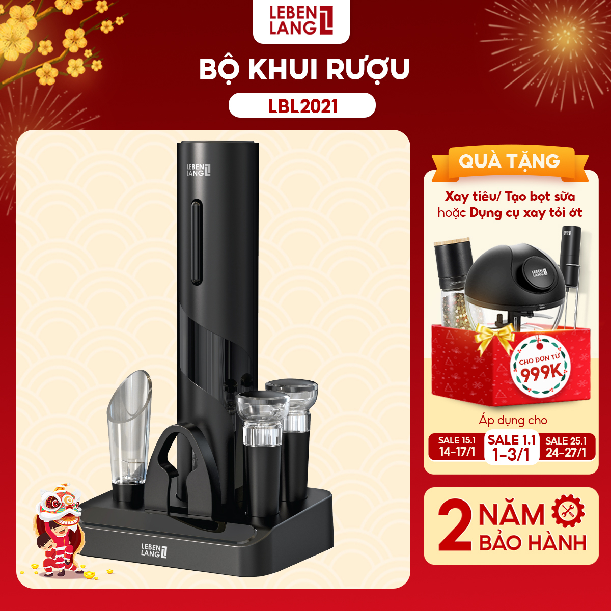 Bộ mở rượu vang Lebenlang LBL2021, dụng cụ mở nút chai rượu vang bằng pin, không kèm pin - hàng chính hãng