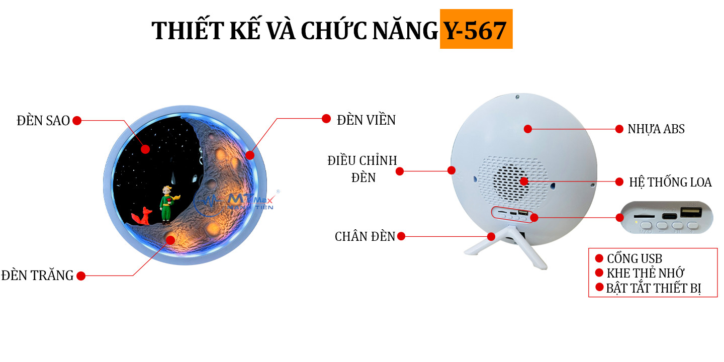 Loa Đèn Mặt Trăng Y567 - Ánh Sáng Lung Linh, Âm Thanh Nhẹ Nhàng Trong Trẻo Thoải Mái Giúp Xã Stress Dễ Ngủ, Bluetooth, USB, Thẻ Nhớ, Rất Thích Hợp Dùng Để Trang Trí Phòng Ngủ, Phòng Làm Việc. hàng chính hãng