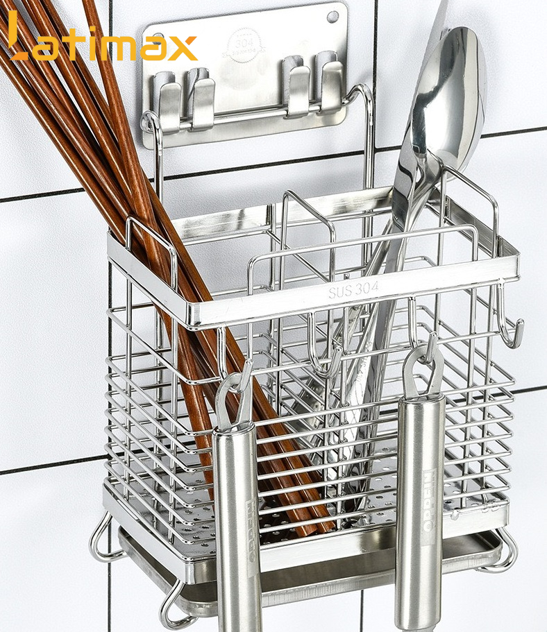 Ống Đựng Đũa Thìa Dĩa 2 Ngăn K1 Inox 304 Cao Cấp - Có Thể Dán Tường