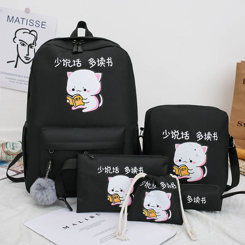 Balo nữ combo 4 món đi học thời trang Cặp- Balo sinh viên học sinh đa năng mèo đọc sách cute ulzzang