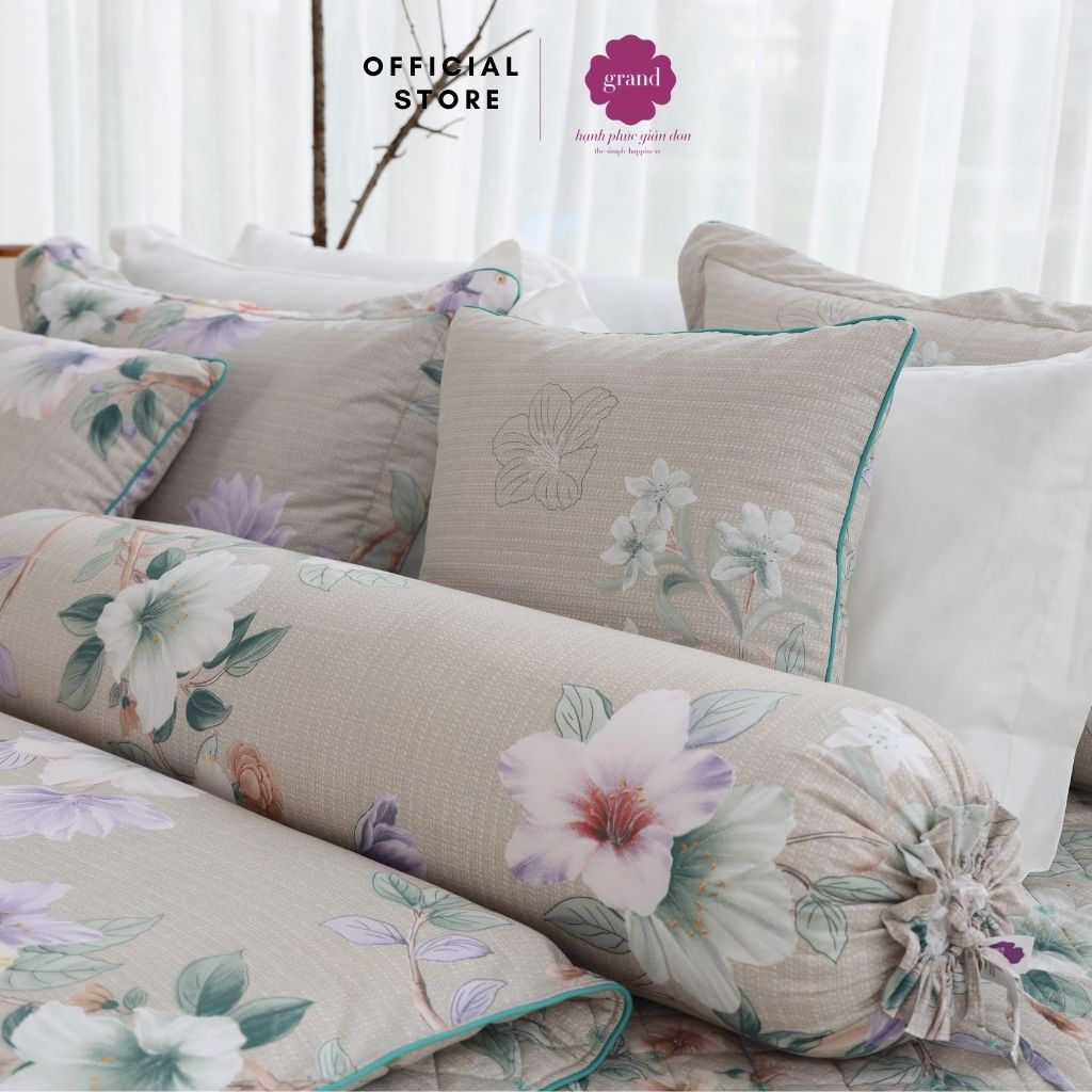 Vỏ gối ôm 100% cotton thiên nhiên Hàn Quốc by GRAND, kích thước 33x100, họa tiết hoa trang nhã, hiện đại