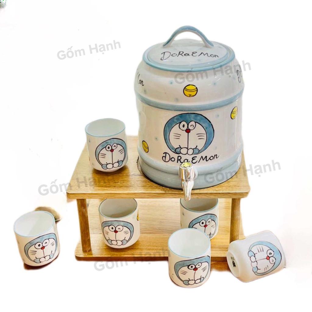 Bộ bình nước uống nước 4l-9l hoa văn dễ thương gốm Bát tràng gồm giá kệ, bình gốm, cốc uống nước