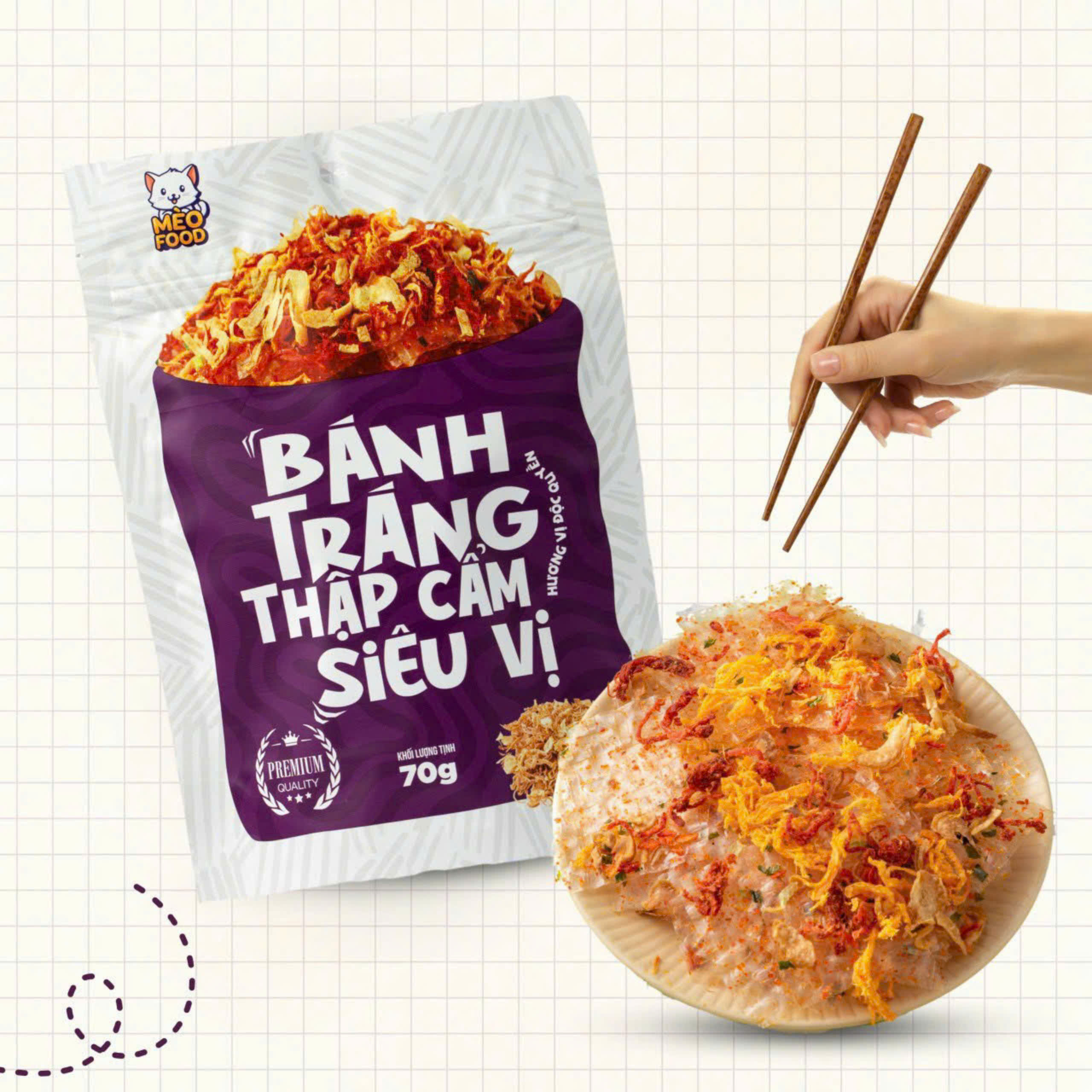 Bánh tráng trộn gà quay / Thập cẩm siêu vị / Bò cuộn/Mèo food 70g