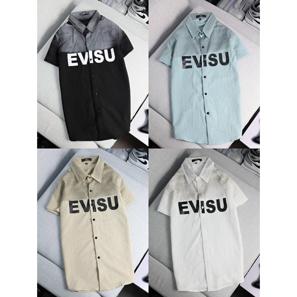 Hình ảnh Áo sơ mi nam vải đũi tay ngắn in EVISU phong cách Hàn quốc.