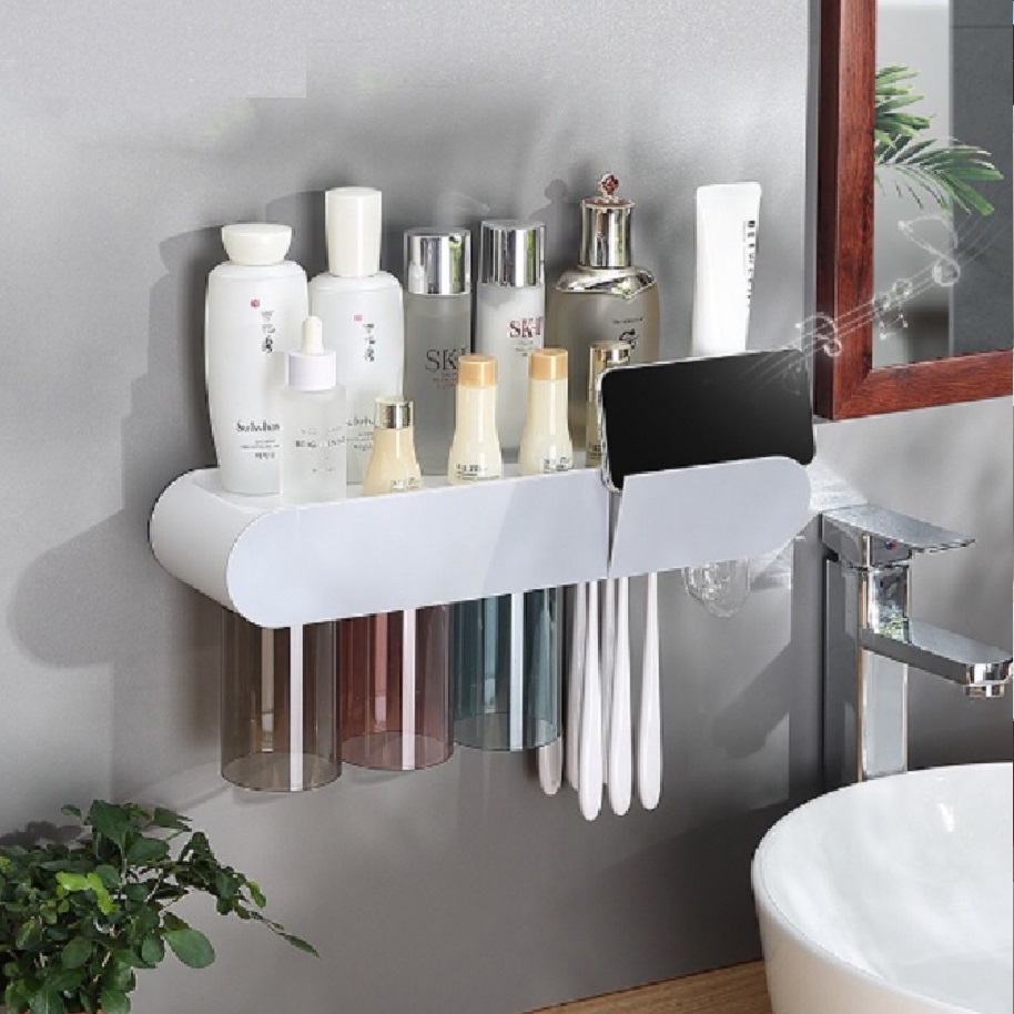 Kệ Nhả Kem 3 Cốc, Cắm Bàn Chải, Giá Để Bàn Chải Đánh Răng Treo Tường Gia Đình Để Đồ Đa Năng Không Khoan Tường
