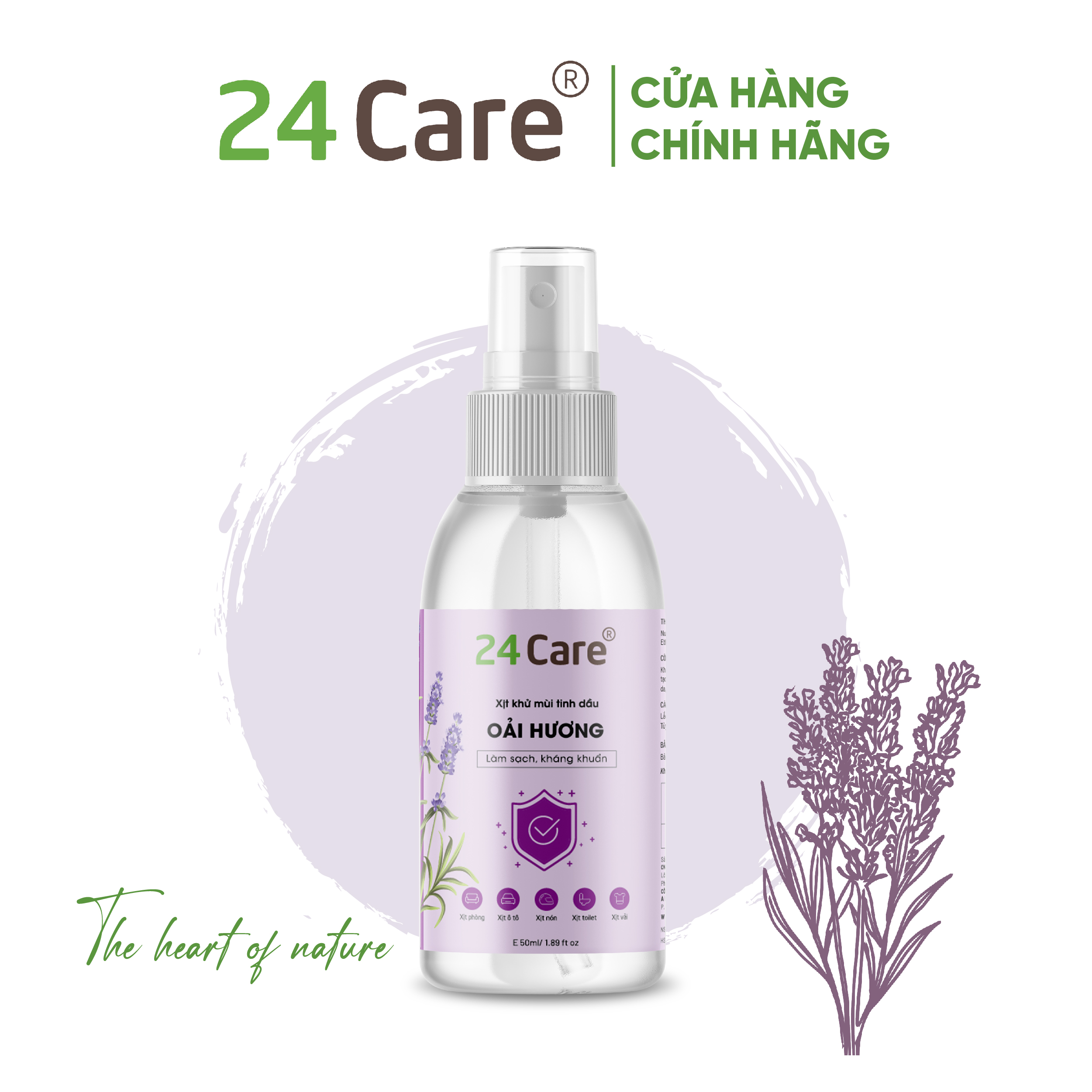 Xịt Phòng Tinh Dầu Oải Hương Hữu Cơ Organic 24Care 50ML/100ML - Kháng khuẩn - Khử mùi hôi - Đuổi muỗi - Côn trùng - Giúp thư giãn, cải thiện giấc ngủ - Giảm căng thẳng khi làm việc.