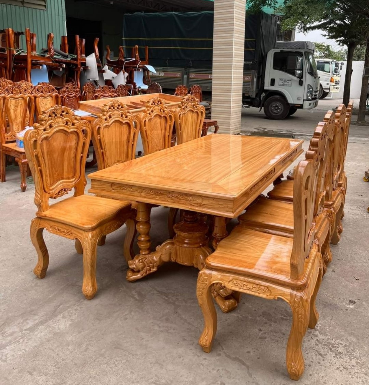 Bộ bàn ăn 8 ghế gỗ gõ đỏ chân rồng, ghế tựa kiểu nhật
