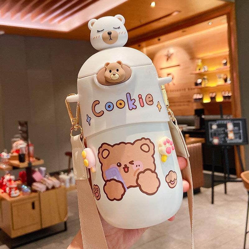 500 ML Mới Kawaii Gấu Bình Giữ Nhiệt Dễ Thương Cho Trẻ Em Ống Hút Nước Inox Cách Nhiệt Học Sinh Bé Gái Nhiệt Uống Chai