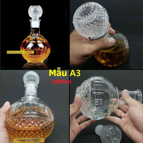 Chai Thủy Tinh Dáng Tròn 1000ml Cao Cấp Nắp Thủy Tinh.