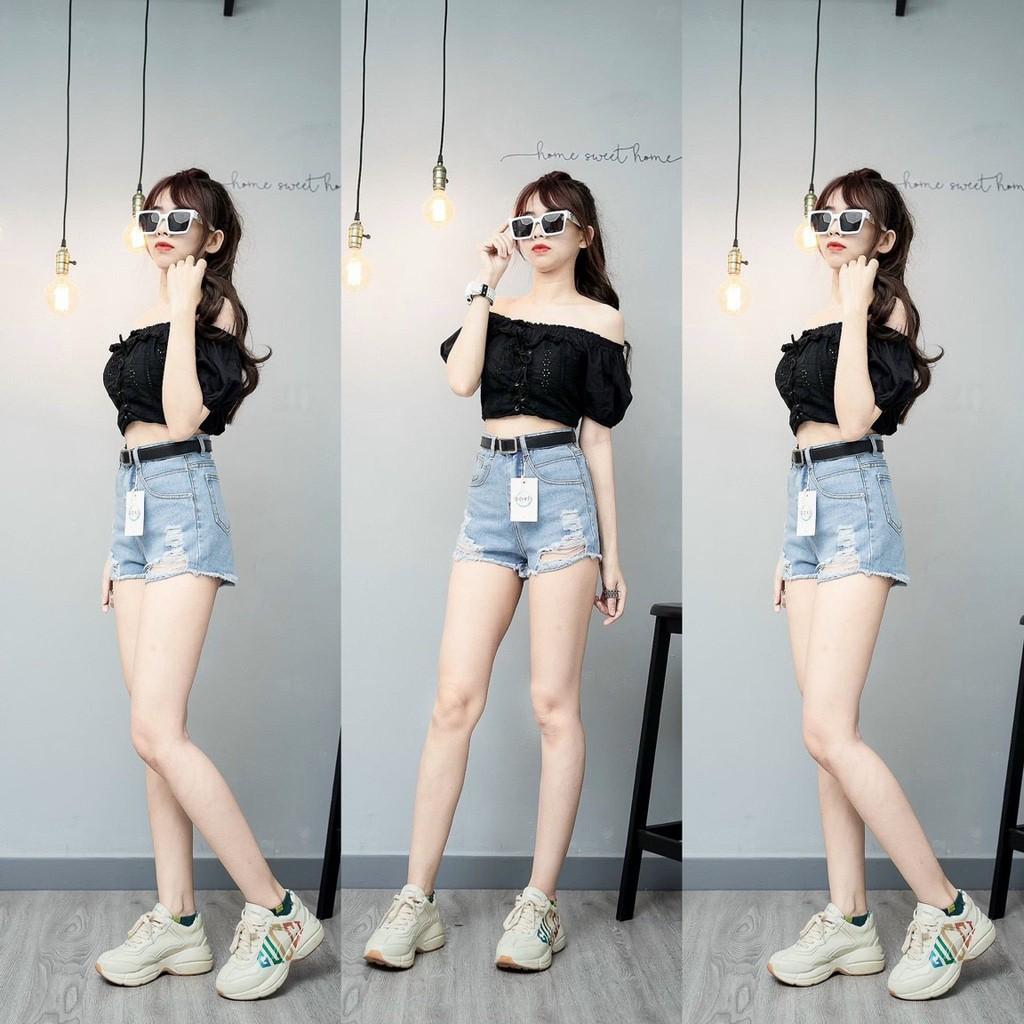 Quần short jean nữ lưng cao phối rách denim cotton, rin ngắn phối rách William - AT87