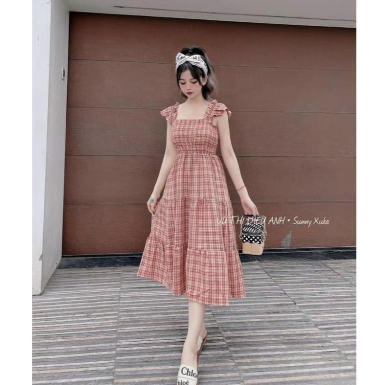 Váy Dẹp Váy Nữ Đẹp Váy Hai Dây Maxi Xòe Kẻ Tay Cánh Tiên Chất Vải Mềm Mịn Lên Dáng ! *