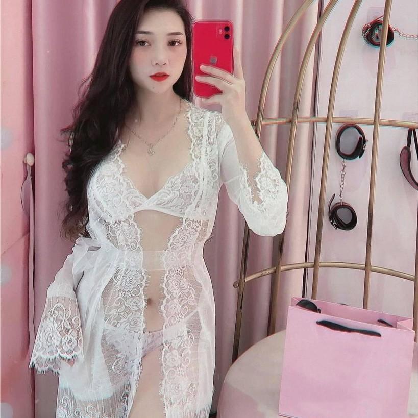 Set ngủ ren sexy áo choàng ngủ ren xuyên thấu kèm chip lọt khe và áo ngực ren