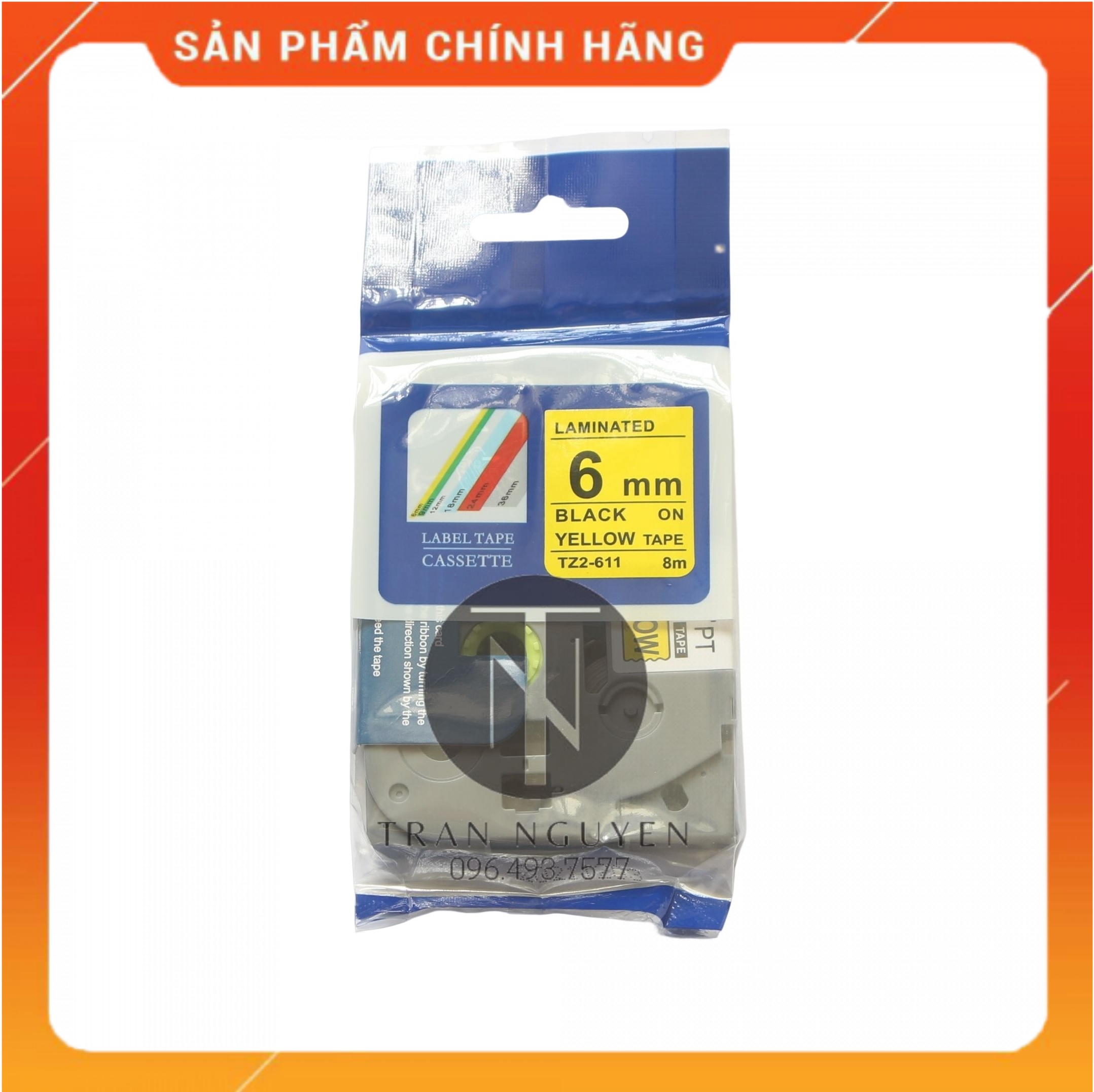 Nhãn In đa lớp Tz2-611 - Đen nền vàng 6mm x 8m - Hàng nhập khẩu