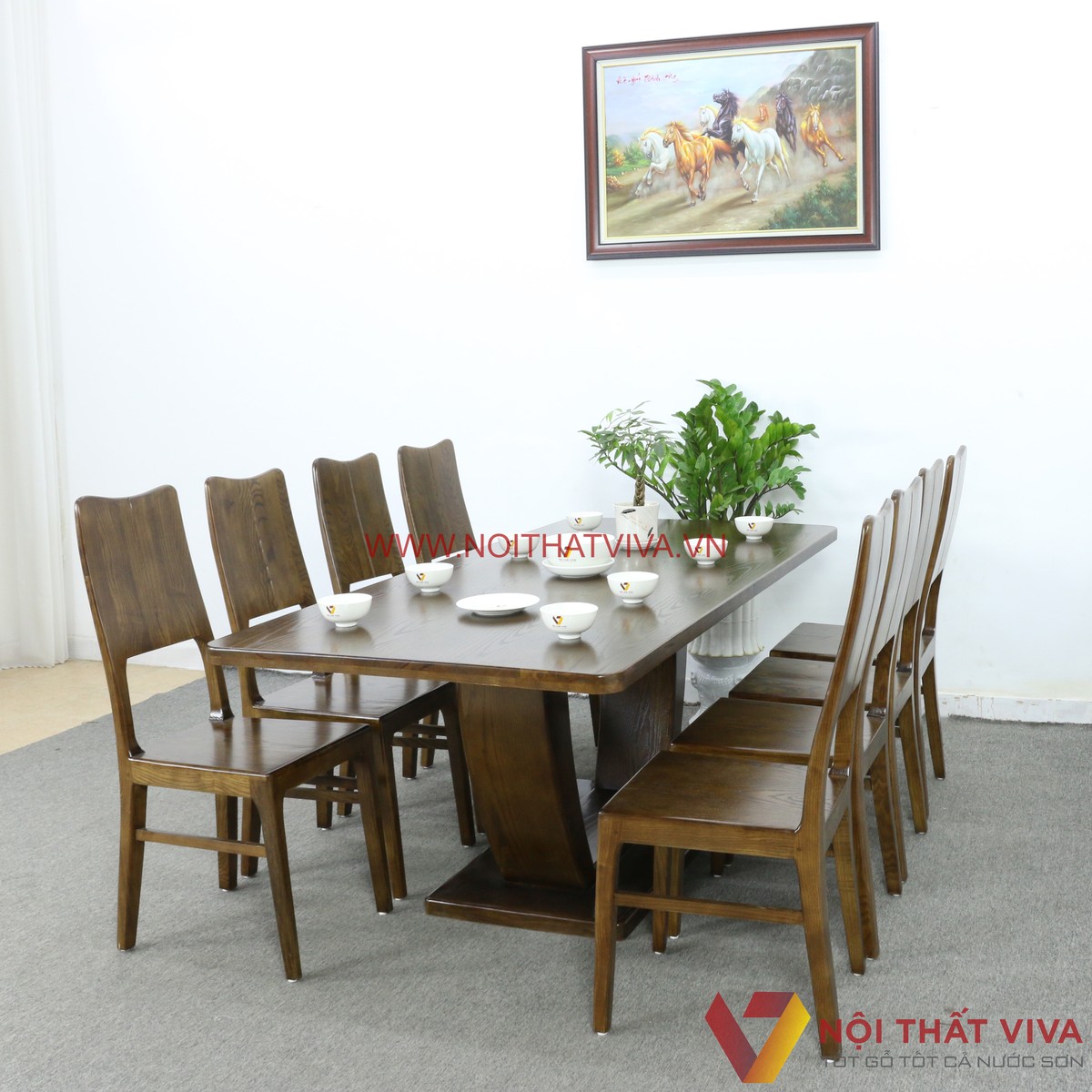 Bộ Bàn Ăn 8 Ghế Gỗ Sồi Nga Chân Chữ U Màu Óc Chó Đẹp Sang Trọng
