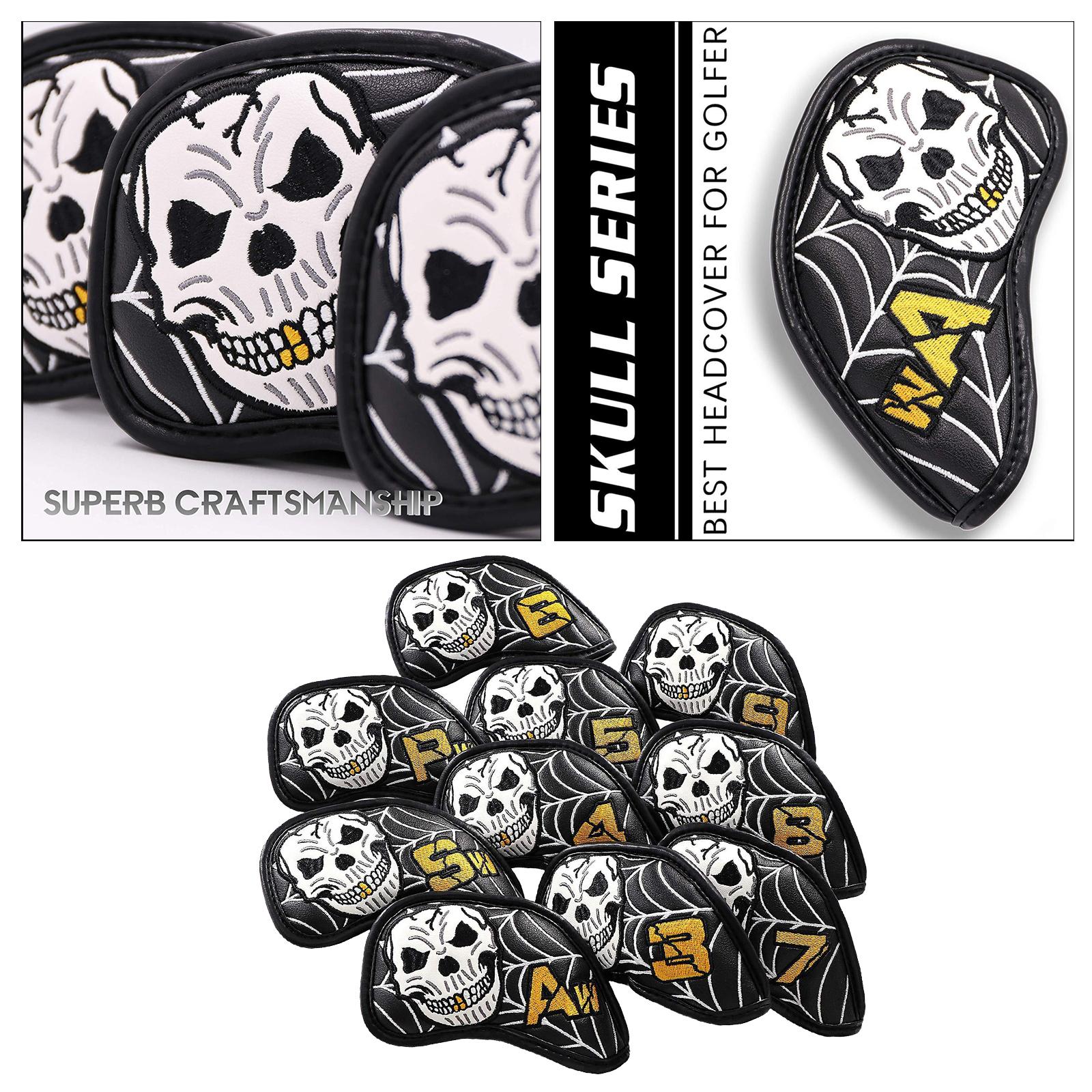 10 pcs Golf Iron Head Covers, Club Headcover Set, PU Leather Skull Pattern Golf Iron Head Covers Set Fit All Brands Irons