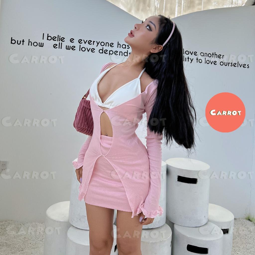 Áo croptop tay dài thiết kế đỏ chân váy ôm body áo ngực trắng đen sexy carrotxinhdep chất vải co giãn đi biển đỏ