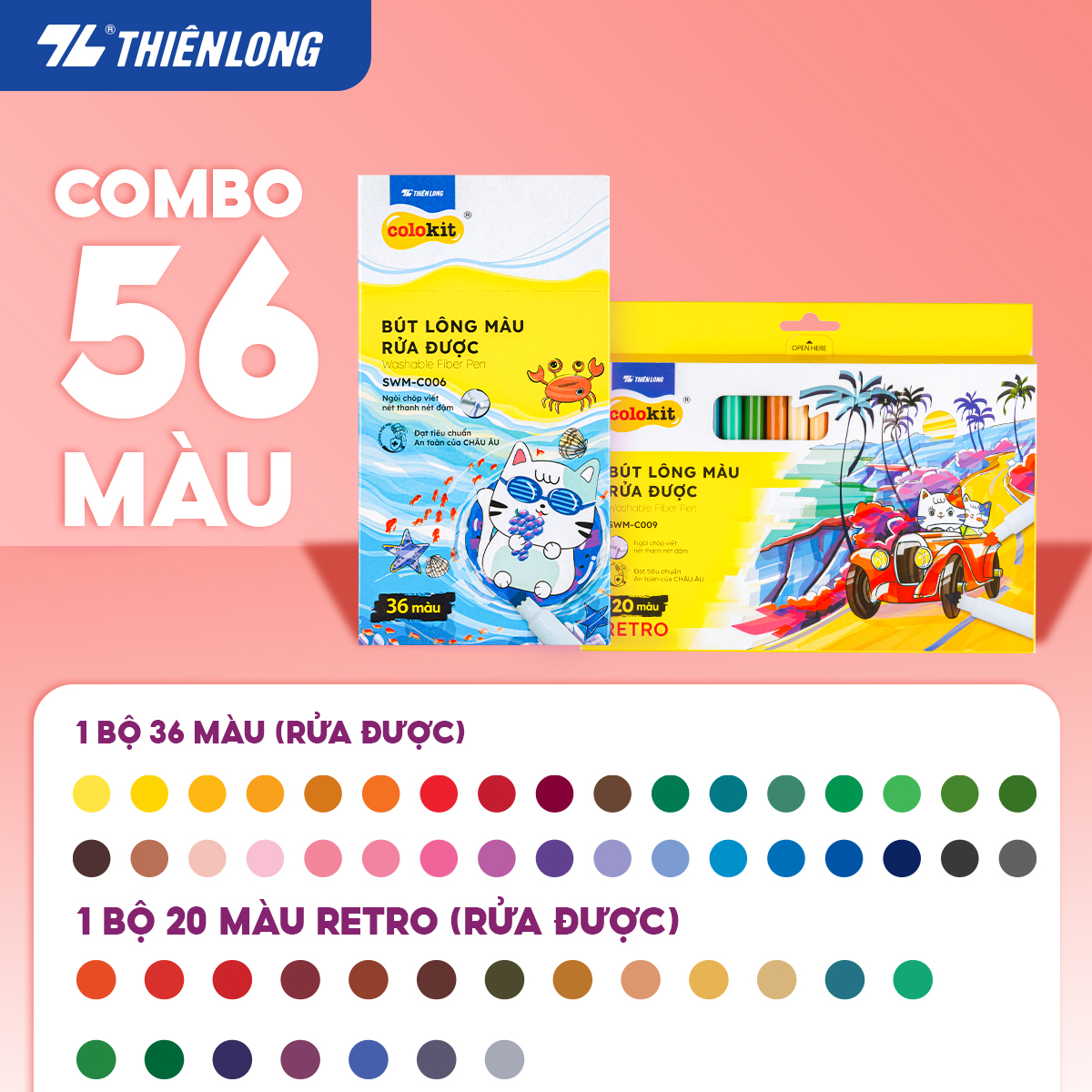 Combo Bút Lông Màu Fiber Pen Retro Thiên Long Colokit 4056606796 Màu Rửa Được An Toàn Sử Dụng Tô Màu, Vẽ Tranh, Calligraphy - 56 Retros